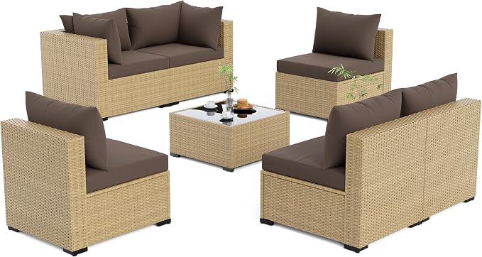 UDPATIO Furniture Set, 7 Piece Sectional Sofas with Wicker Coffee Table, Conversation for Garden, Backyard, Yellow/Brown