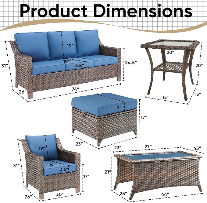 Patio Furniture Set-7 Pieces Outdoor All-Weather Wicker Conversation Set Outdoor Rattan Sofa Couch with Patio Chairs Ottomans for Porch Garden Backyard Poolside-Brown/Blue