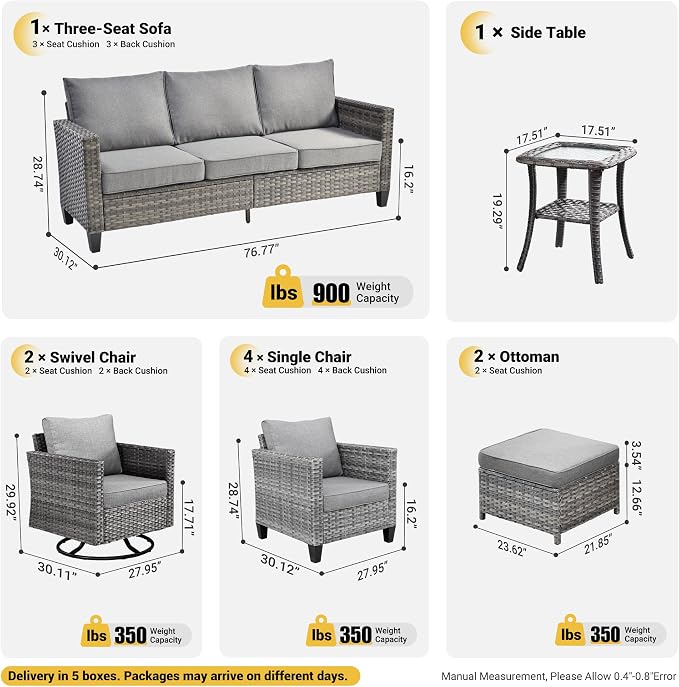 ovios 10 Pieces Patio Furniture Set, Outdoor Wicker Sofa Couch with Swivel Chairs, Rocking Glider Rocker with Comfy Cushions All Weather Rattan Conversation Set, Dark Grey