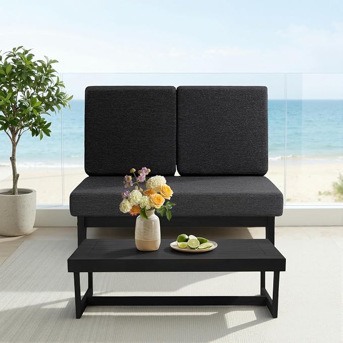 All Weather Patio Furniture Sets, 4 Pieces Black Wood Outdoor Sectional Futniture Patio Sofa Chair Backyard Conversation Set with Solid Wooden Coffee Table - Dark Gray