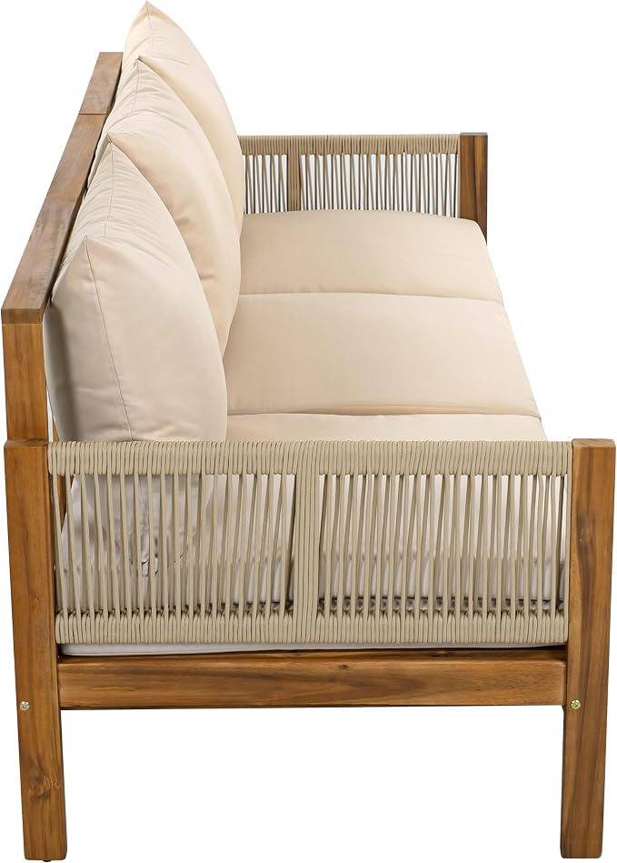 JIVOIT Outdoor Patio Daybed with Rope-Woven Armrests, Convertible Outdoor Sleeper Sofa with Acacia Wood Frame, 3 Seat Patio Sunbed for Backyard, Pool (Brown/85)