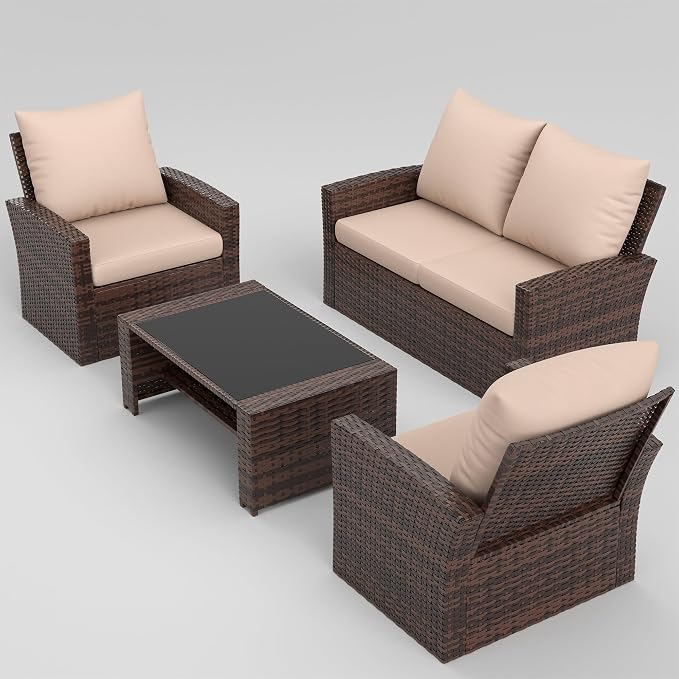 UDPATIO Patio Furniture Set, Outdoor Furniture Sets with Loveseats Sofa, Wicker Rattan Outdoor Conversation Set with Storage CoffeeTable for Backyard, Deck, Porch,Brown/Grey