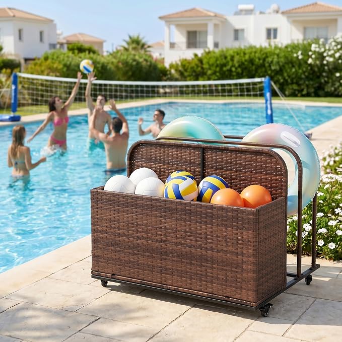 Rattan Outdoor Pool Float Storage Basket, Rolling Toy Caddy with Wheels, Patio Furniture Organizer Wicker Box Pool Storage Bin for Floaties, Noodles, Life Vests, Beach Balls