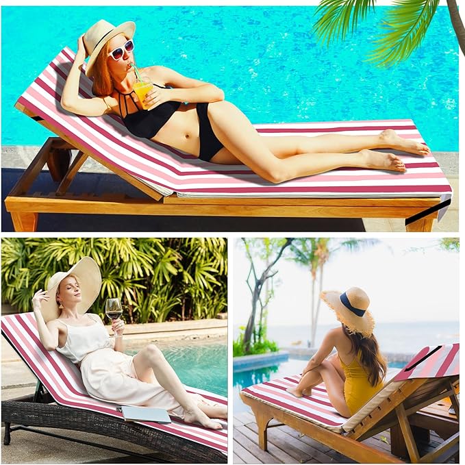 Fumete 2 Pack Lounge Chair Covers 30 x 85 Inch Pool Chaise Lounge Towels Microfiber Beach Chair Towel Portable Striped Outdoor Patio Furniture Cover for Sunbathing Picnic Spa(Pink and Dark Pink)