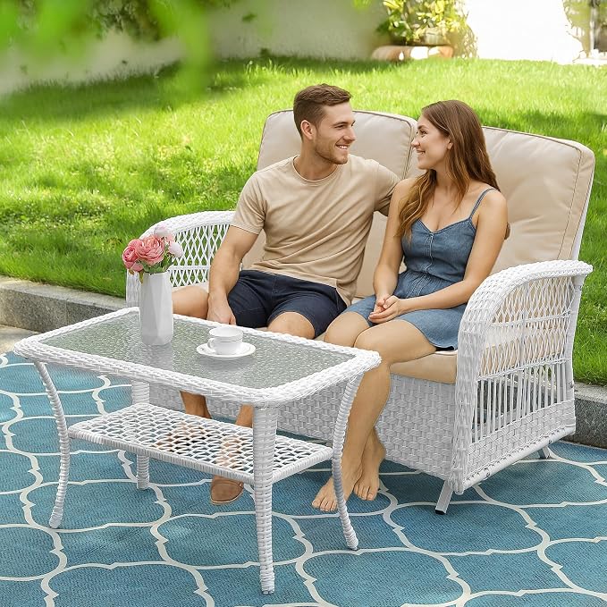 VIVIJASON 2-Piece Patio White Wicker Loveseat Glider Set Cushioned, Outdoor Conversation Furniture Sets W/ 2-Seater Glider Rocking Bench, Coffee Table and Cushions for Porch Garden Poolside, Beige