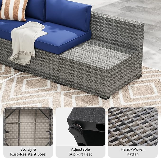 LazySunsets 15-Piece Patio Furniture Set with 44" Fire Pit Table, Wicker Outdoor Furniture, Patio Conversation Sets with Coffee Table, Outdoor Sectional Couch, Blue