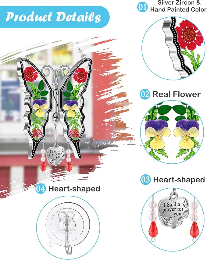 KY&BOSAM Butterfly Suncatcher for Window Hanging I Said a Prayer for You Stained Glass Catchers Real Flower Hangings Wind Chimes Home Decor Gifts for Women Mothers Day Birthday Thanksgiving Christmas