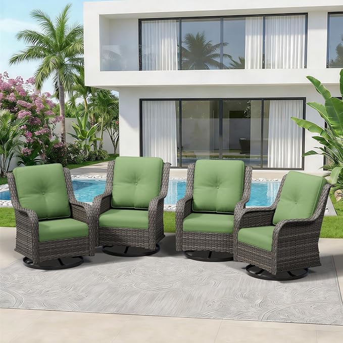 4 Piece Outdoor Swivel Rocker Patio Chairs Set, Patio Chairs Set of 4 with Thickened Olefin Cushions, High Back and Deep Seating, Hand-Woven PE Rattan for Porch, Deck, Green