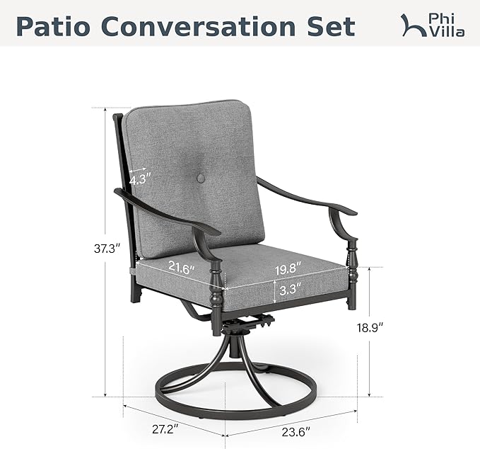 PHI VILLA Outdoor Steel Swivel Dining Chairs Set of 6, Heavy-Duty Rustproof Black Wrought Iron Armchairs with Thick Cushions, Large Seating Furniture for Patio, Deck, Backyard, Porch