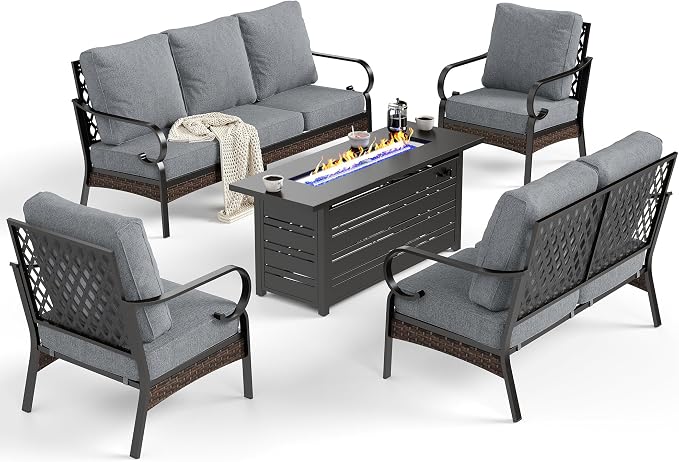 SUNSHINE VALLEY 5 Piece Metal Outdoor Patio Furniture Sets with Firepit Table, Patio Conversation Sets 1 3-Seater Sofa, 1 2-Seater Loveseat, 2 Single Sofa with 5.75" Cushion for Backyard Deck, Gray