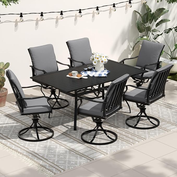 7 Piece Outdoor Patio Dining Set, 62’’ Rectangular Metal Dining Table with Umbrella Hole & 6pcs Patio Swivel Rocking Chairs, Outdoor Furniture Dining Set for Patio, Balcony, Lawn, Garden, Backyard