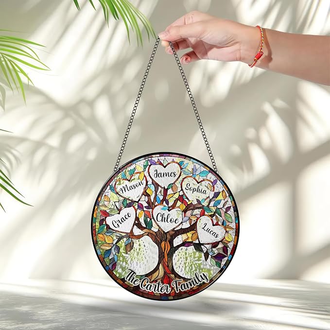 Personalized Family Tree Stained Glass Window Hanging Suncatcher - Warmness Father's Day, Mother's Day, Birthday Gift, Custom Family Name, Kid's Name