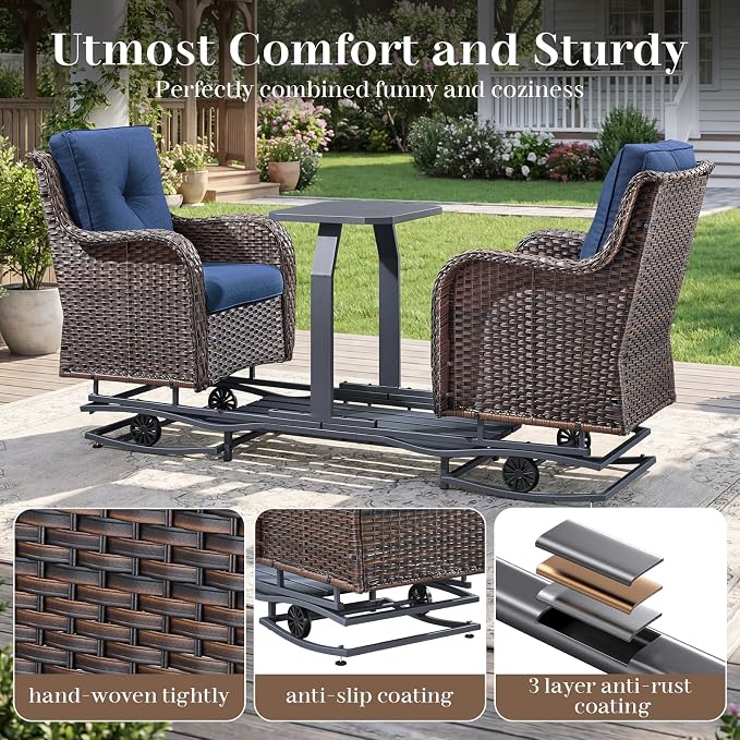 Rilyson Luxury Outdoor Wicker Glider Rocker Chairs for 2 Seats, Patio Wicker Rattan Glider Rocker Chairs with Table, Rocker Chairs Outdoor Furniture Sets for Patio Porch Pool Brown/Blue