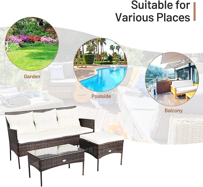 RELAX4LIFE 3 Pieces Patio Furniture Sectional Set, Rattan Wicker Conversation W/ 5 Cozy Seat & Back Cushions, Tempered Glass Coffee Table for Poolside, Balcony Outdoor Furniture (Beige+Brown)