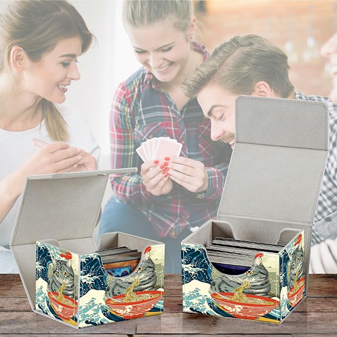 Card Deck Box for MTG, Cards Storage Box Fits 120+ Sleeved, Leather Small Size Strong Magnetic Closing Card Case for Board Games Magic TCG CCG Baseball Collection, Wave Noodles Cat