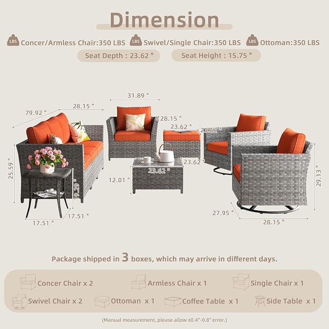 CAODOC Fully Assembled & Spacious 9-Pc Outdoor Sofa Set, Patio Rattan Conversation Group with Rocking Chair and Tea Table