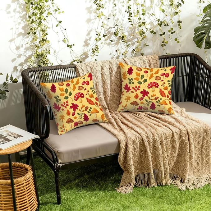 16x16 Inch Outdoor Pillow Covers Set of 2 Waterproof Throw Pillow Covers Decorative Couch Cushion Covers Mushrooms Leaves Fall Square Pillowcases Protectors for Patio Garden Sofa