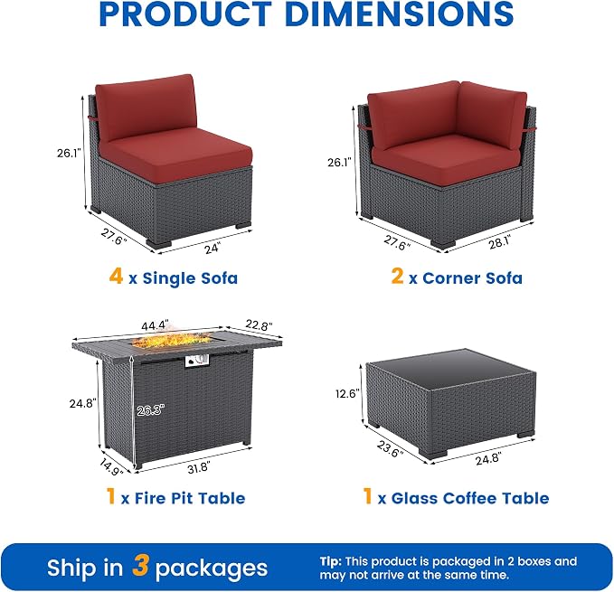 8 Piece Patio Furniture Set with 44” Fire Pit Table All-Weather Wicker Conversation Sectional Sofa & Coffee Table with Thickened Cushions for Backyard, Garden(Wine Red)