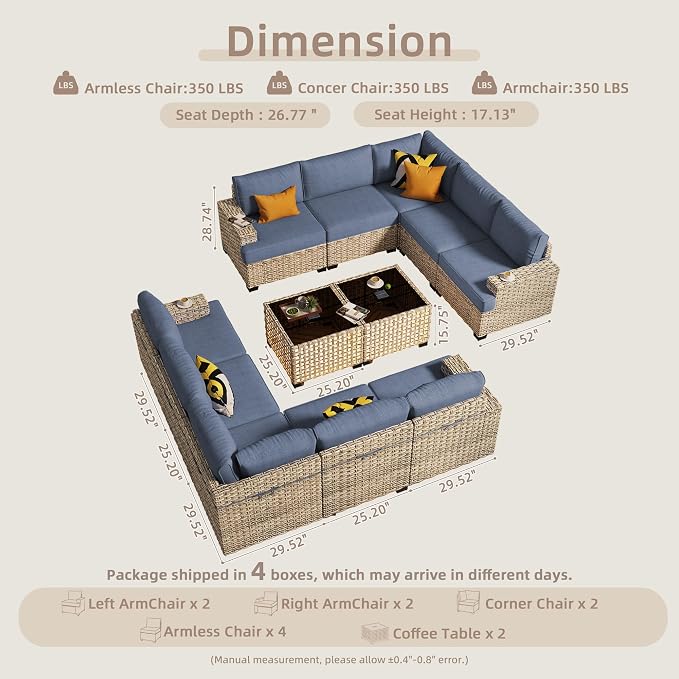 CAODOC Patio Furniture Sets 12 Pieces Outdoor Sectional Rattan Sofa Manual Weaving Wicker Patio Conversation Set with Ottomans and T Cushion(Light Blue)