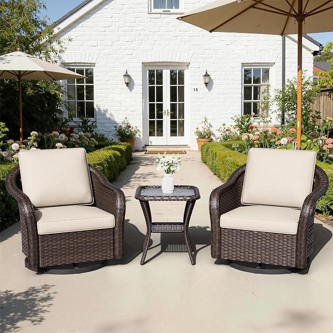 Outdoor Swivel Chairs with Side Table, Patio Wicker Chairs, Outside Conversation Furniture Set with Washable Cushions for Sunroom, Gazebo, Poolside (Beige)