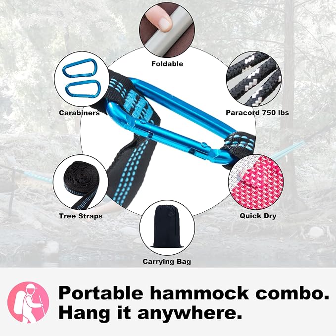 GAFETE 14ft 2 Person Hammock for Outside, Quick Dry Textilene, Portable Hammocks Without Stand with Folding Steel Spreader Bar, Carrying Bag, Tree Straps, Pillow & Sidebag, 550 lbs Capacity (Pink)