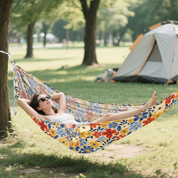Camping Hammock Outdoor Hammocks for Outside Orange Red Flowers Beach Trees Portable Lightweight with Pockets Tree Straps Indoor