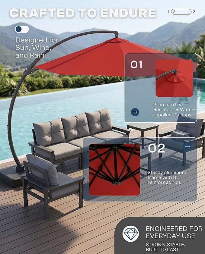 11 FT Cantilever Umbrella with Base Included, Large Round 360° Rotation Offset Umbrella Outdoor Patio, Heavy Duty Aluminum Frame, Sand-Weighted Stand, for Deck, Backyard, Pool, Garden (Red)