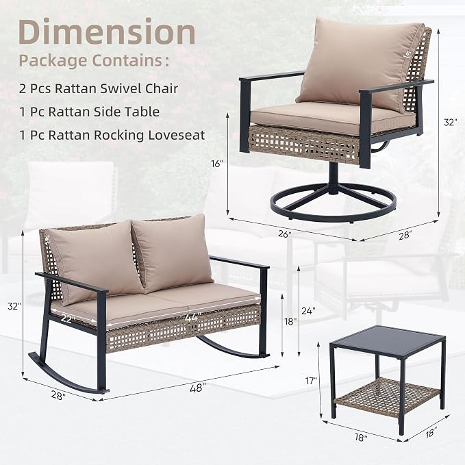 Ainfox Patio Furniture Set 4 Pieces, Patio Wicker Rattan Swivel Rocker, Outdoor Swivel Rocking Chairs Set with Loveseat, Garden Conversation Bistro Sets for Porch, Pool, Backyard Khaki