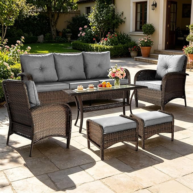 SHGJ&SOFT All Weather Patio Furniture Set, High Back Swivel Rocker Glider Chairs,Ottomans & Glass Tables, Outdoor Conversation Set for Deck Porch Yard Poolside (Grey, 7PCS-Sofa&Chairs&Ottomans&Table)