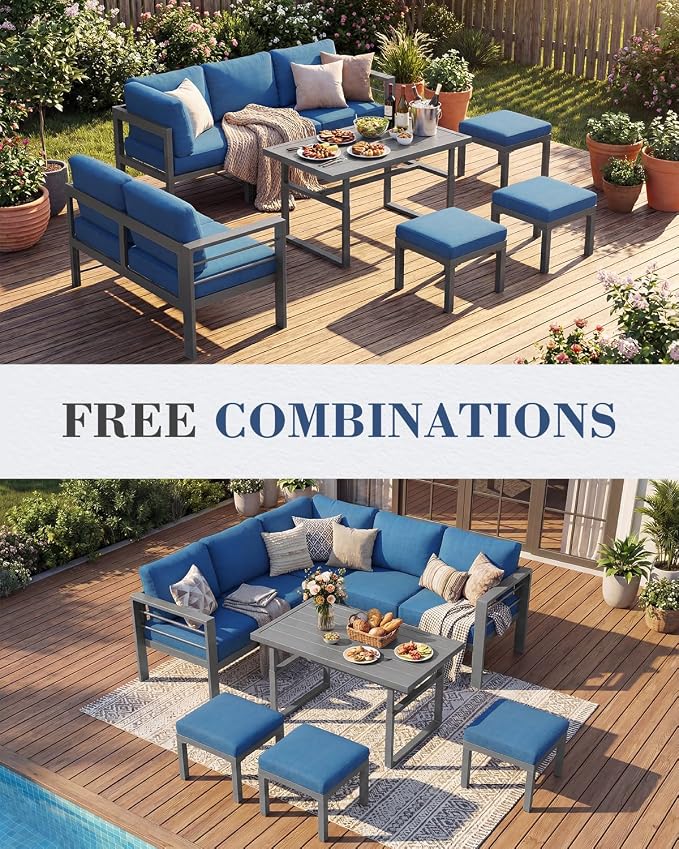 AECOJOY Aluminum Patio Furniture Set, 8 Seats Modern Outdoor Furniture with Adjustable Table, 7 Pieces Metal Conversation Sectional Sofa, Blue