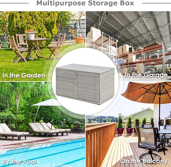 RELAX4LIFE PE Wicker Storage Box - Outdoor 88 Gallon 2-Tier Deck Box for Patio Furniture Toys Storage w/Lid & Front Doors, All Weather Rattan Storage Bin for Backyard Garden Poolside Porch (Grey)