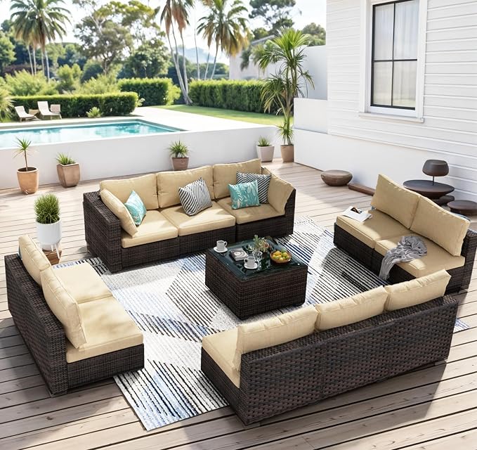 11 Piece Patio Furniture Set All Weather PE Rattan Outdoor Sectional Sofa Couch with No-Slip Cushions and Glass Top Table for Garden, Poolside, Backyard (Beige)