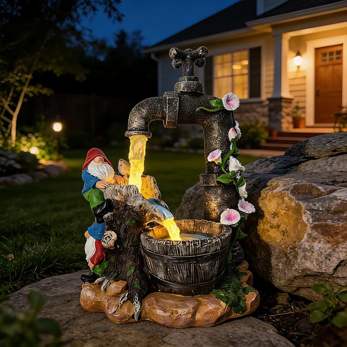 Solar Garden Gnomes Statues Outdoor Yard Decorations, 10" Resin Fountain Gnome Outside Christmas Art Decor for Lawn Patio Porch Backyard,Unique Housewarming Gifts for Women Mom Grandma