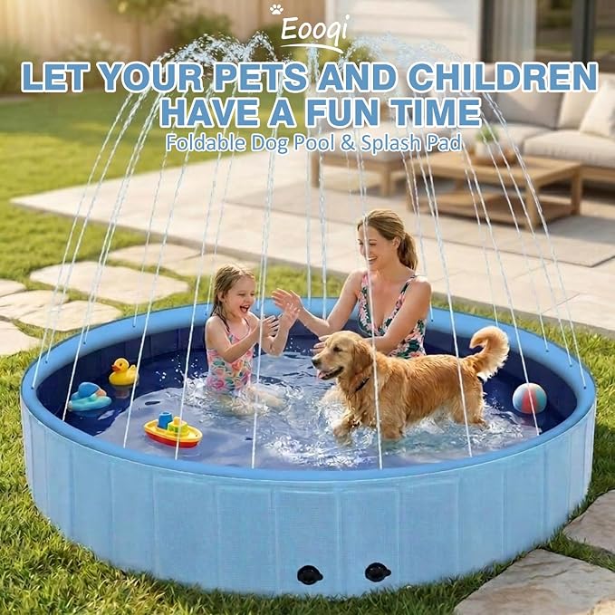 Eooqi Foldable Dog Pool with Sprinkler, 63 Inch Extra Large Thickened Splash Pool, 2-in-1 Outdoor Summer Water Play Toy, Non-Slip Hard-Side Kiddie Pool for Backyard Dogs, Kids & Pets (Blue, 63''-2XL)