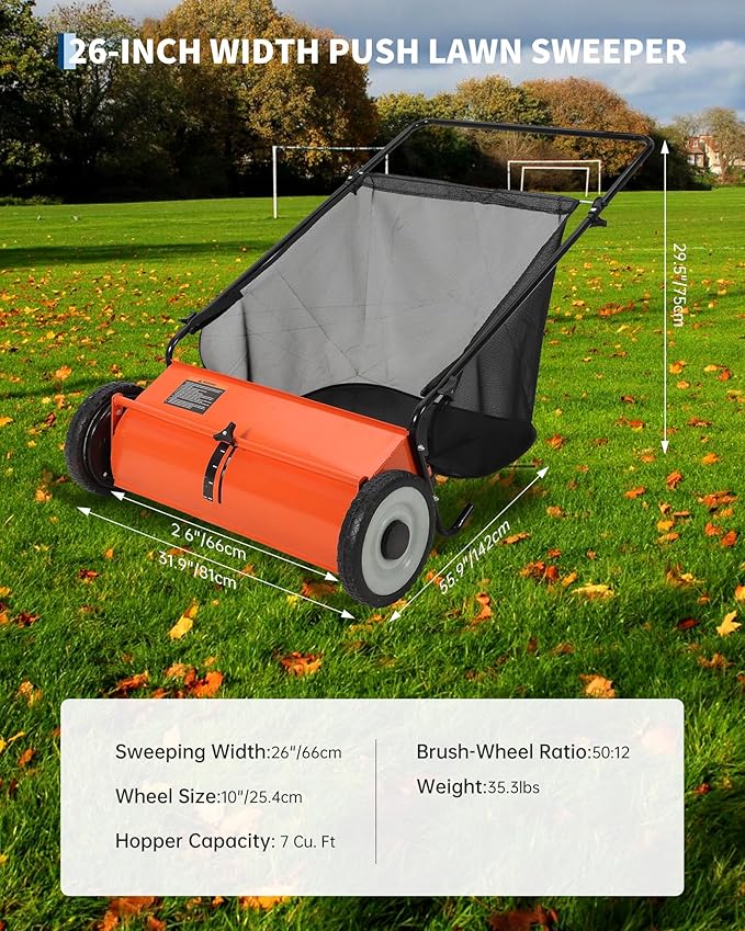 Takywep 26-Inch Push Lawn Sweeper, Anti-Rust Steel Frame, 4 High-Density Brushes, Adjustable Height, 7 Cu.Ft Collection Bag for Yard Debris (Orange & Black)