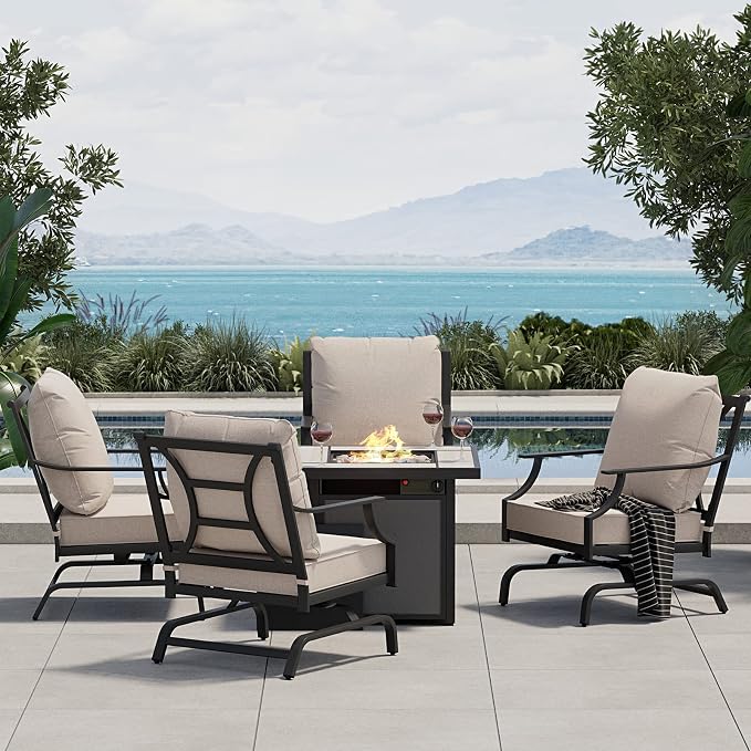 Grand patio 5-Piece Outdoor Furniture Set with 32'' Square Ceramic Tile Tabletop 50,000 BTU CSA Approved Fire Pit,4 Rocking Patio Chairs with Olefin Cushions and Pillows-Beige