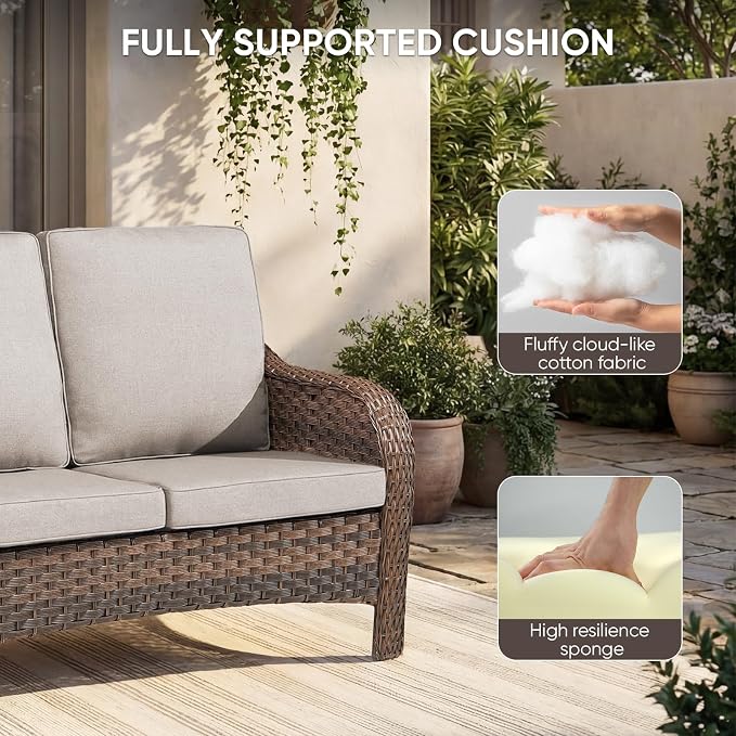 Patio Furniture Set - 9 Pieces All Weather Wicker Outdoor Furniture with 4 Swivel Chairs, 2 Ottomans, 1 Sofa, 1 Side Table and Fire Pit Table, Ergonomic Design for Porch, Deck, and Backyard(Beige)