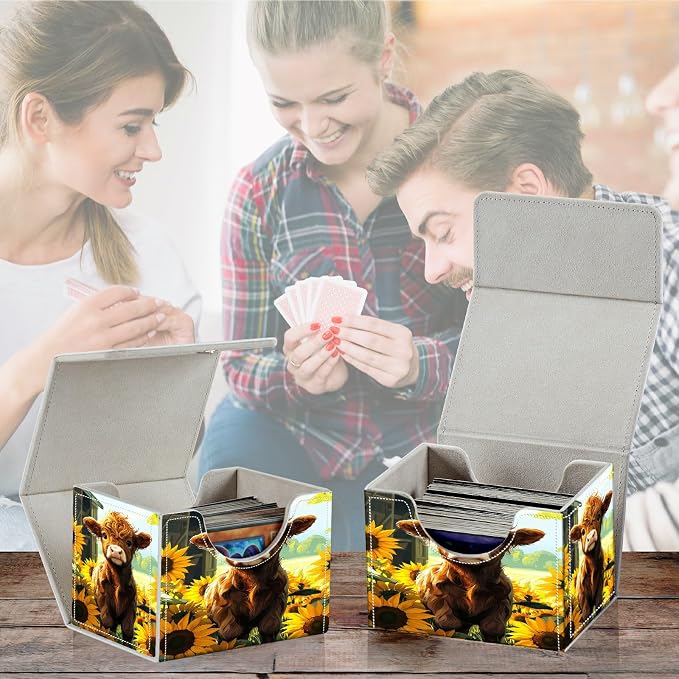 Card Deck Box for MTG, Cards Storage Box Fits 120+ Sleeved, Leather Small Size Strong Magnetic Closing Card Case for Board Games Magic TCG CCG Baseball Collection, Sunflower Baby Cow