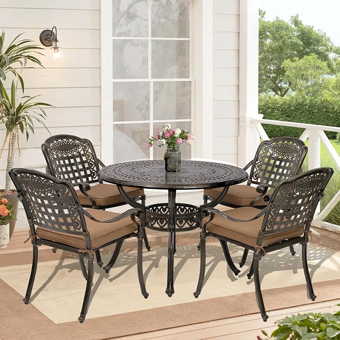 5-Piece Outdoor Patio Dining Set, All-Weather Cast Aluminum Patio Furniture Set for Backyard Garden Deck with 4 Chairs, 4 Cushions and 38.5" Round Table, 2" Umbrella Hole