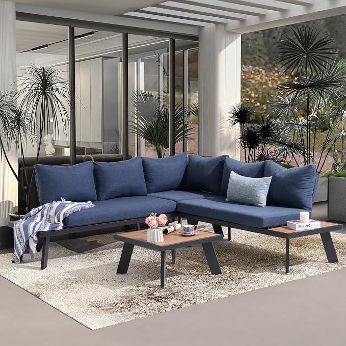 SUNSITT 4-Piece Outdoor Patio Furniture Set L-Shaped Aluminum Sectional Sofa with Faux Wood Grain Top Coffee Table, All-Weather Patio Conversation Set with Cushions, Blue