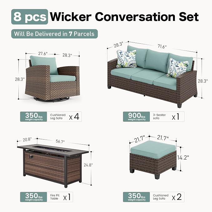 SUNSHINE VALLEY Swivel Glider Patio Furniture Set Outdoor Furniture Brown Wicker Rattan Patio Conversation Sets with Cushion Outside Sofa Set,7 Pieces with Rectangular Firepit Table,9 Seats,Blue