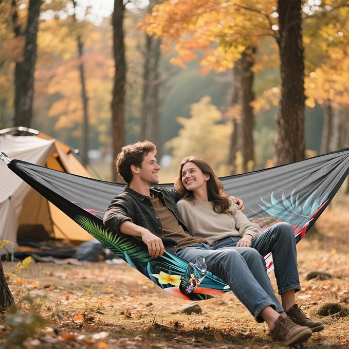 FRMG Flamingo Tropical Flowers Camping Hammock 500 lbs Capacity Portable Hammocks with Tree Straps & Attached Carry Bag, Camping Essentials Gear A0900560a