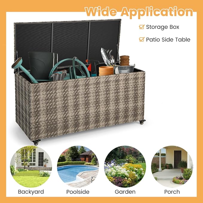 Giantex 96-Gallon Outdoor Storage Box - PE Wicker Deck Box with Lid, 4 Wheels, Waterproof Liner, outside Rattan Storage Container for Patio Cushions, Garden Tools Accessories Storage Box (Mix Gray)