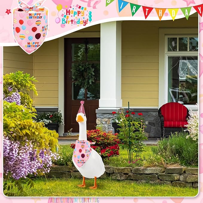Happy Birthday Goose Outfit with Glitter Hat and Bandana,Pink | for 23" 17" Cement Plastic Porch Goose, Outdoor Statue Patio Yard Lawn Art