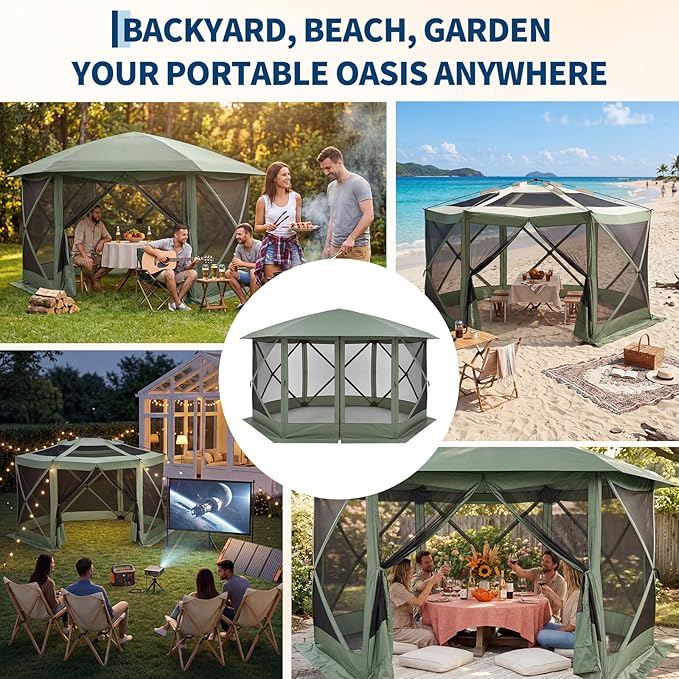 GarveeHome 13x13FT Pop Up Gazebo Screen Tent, 6-Sided Canopy with Starry Sky Top, 210D Oxford Water-Proof Instant Shelter with Mosquito Netting for Backyard Camping, Green & Gray