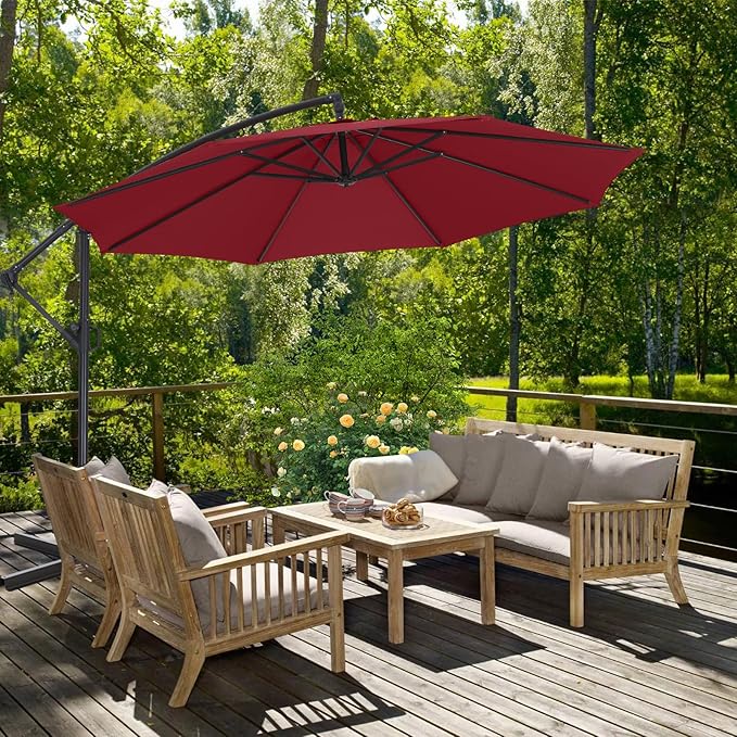 ABCCANOPY 10FT Cantilever Patio Umbrella with base included, 360° Rotation Outdoor Offset Umbrella for Backyard, Deck, Poolside (Dark Red)