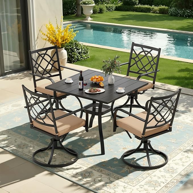 5 Piece Patio Dining Set Outdoor Furniture Set, Square Metal Patio Dining Table with Umbrella Hole & 4 Swivel Dining Chairs for Garden Lawn Yard