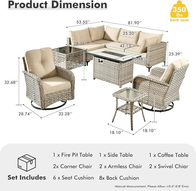 Outdoor Sectional Patio Furniture Set,9 Pieces All Weather Rattan Wicker Conversation Sets with Fire Pit,Out Door Furniture with Swivel Chairs Glowing Coffee Table,Beige