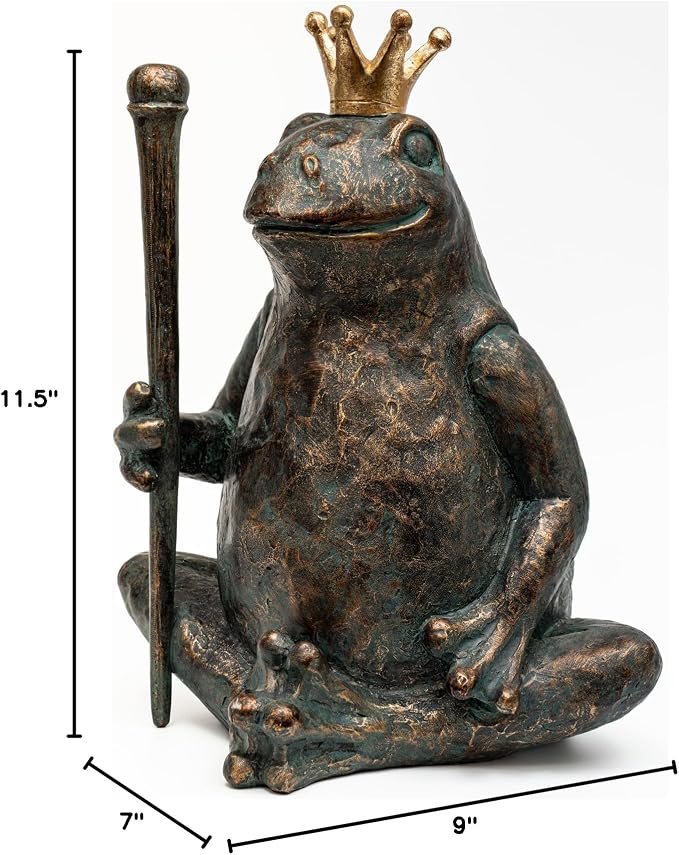 Frog Garden Statue, Yard Decorations Outdoor Decor, Weather-Resistant Animal Figurines & Sculptures, Seated Prince Frog with Scepter for Patio & Lawn, 11.5" H×9.8" L