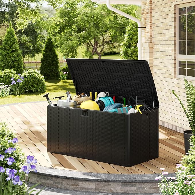 99 Gallon Outdoor Deck Box, Lockable Waterproof Outdoor Resin Box with Lid, Patio Storage Bin for Patio Furniture, Garden Tools, Pool Accessories - Brown
